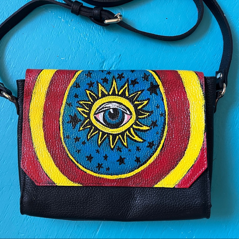 Original hand-painted mystic eye upcycled crossbody bag